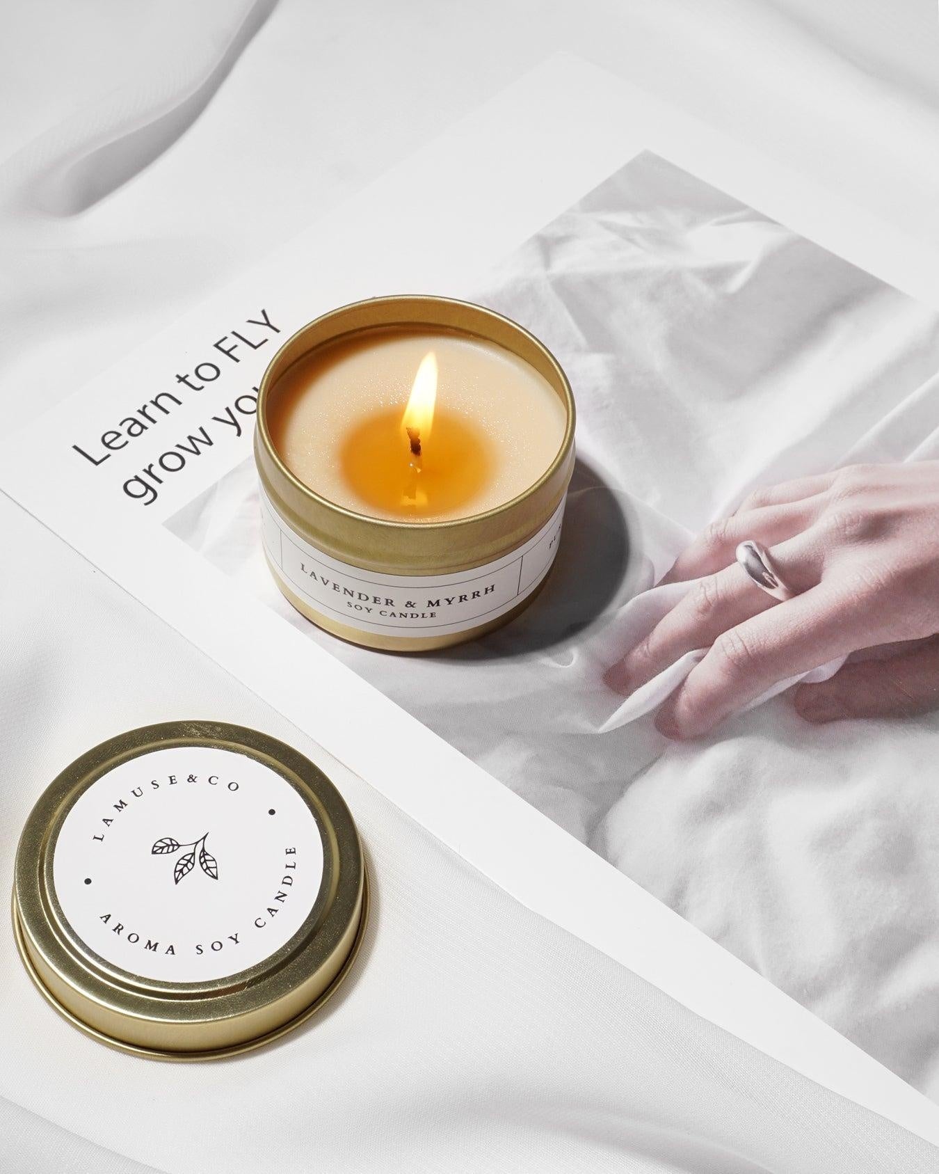 Lavender & Myrrh Aroma Candle Travel Size 80g scented candle.